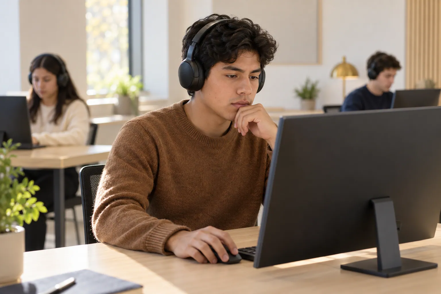 A student taking a computer-based English test
